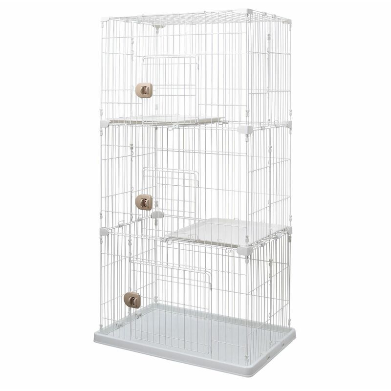 foto del prodotto gabbia, parco, recinto, cuccia con 3 porte e 3 livelli per cane, gatto, l93 x p63 x h178 cm, pec 903, bianco iris ohyama