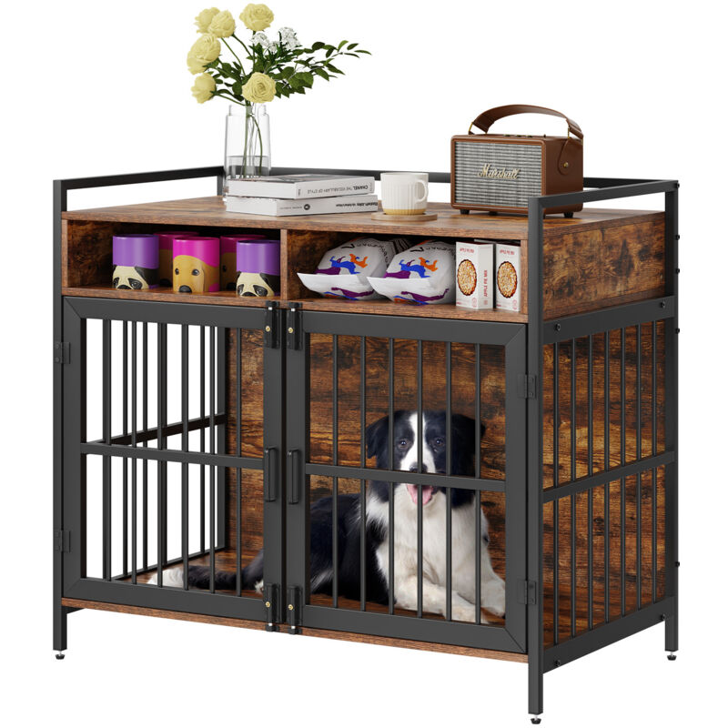 foto del prodotto gabbia per cani 104 x 59 x 91cm moderna gabbia per cane in legno tavolino portaoggetti uso interno doppia porta vassoio facile montaggio per cani