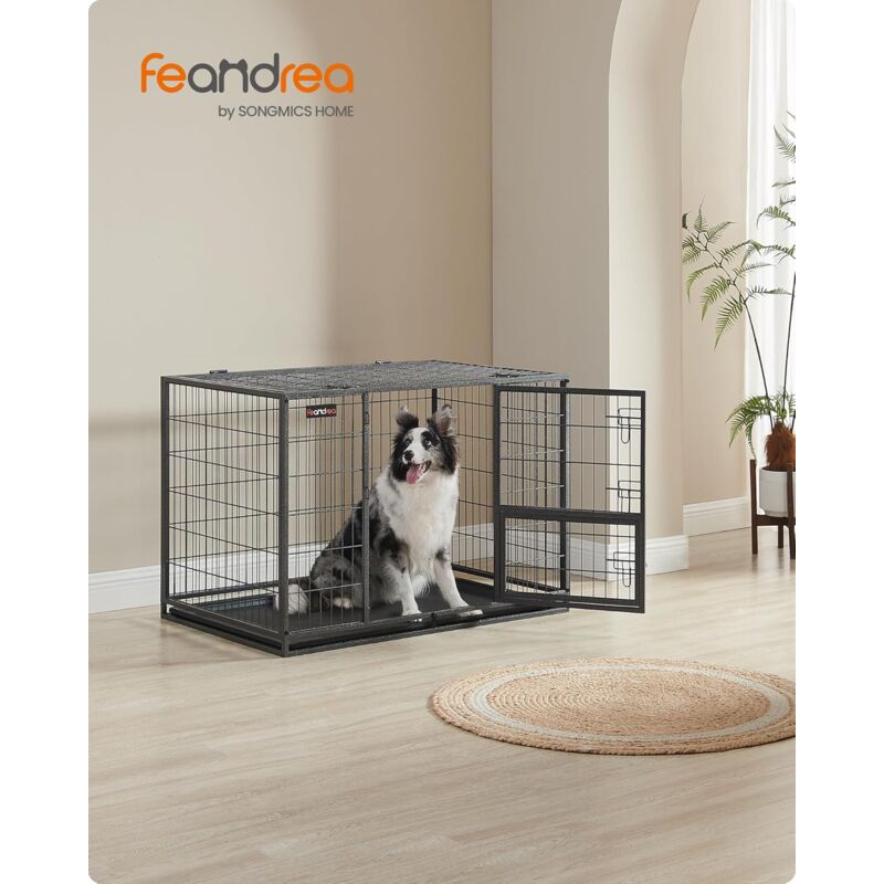 foto del prodotto gabbia per cani, casetta per animali, 107 x 70 x 75 cm, per cani di taglia media e grande, doppia porta rimovibile, parco per cani, xl, grigio