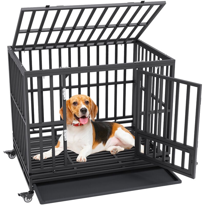 foto del prodotto gabbia per cani con ruote 107x77x94 cm gabbia da trasporto in metallo per cucciolo taglia media e grande con ruote bloccabili 3 porte, gabbiette per