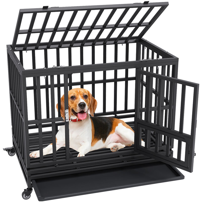foto del prodotto gabbia per cani con ruote 95x65x81 cm gabbia da trasporto in metallo per cucciolo taglia media e grande con ruote bloccabili 3 porte, gabbiette per