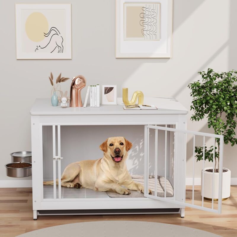 foto del prodotto gabbia per cani da interno, 93x64x58 cm, trasportino, cuccia, trasportino con 2 ciotole e porte, fino a 40 kg, in legno bianco 