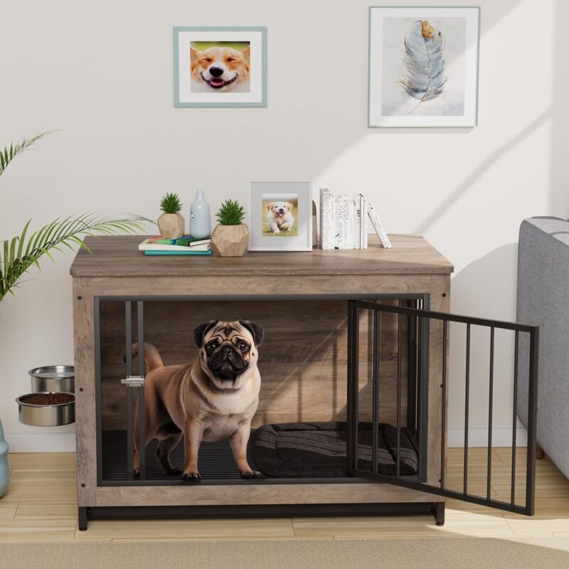 foto del prodotto gabbia per cani da interno, 93x64x58 cm, trasportino, cuccia, trasportino con 2 ciotole e porte, fino a 40 kg, in legno grigio 