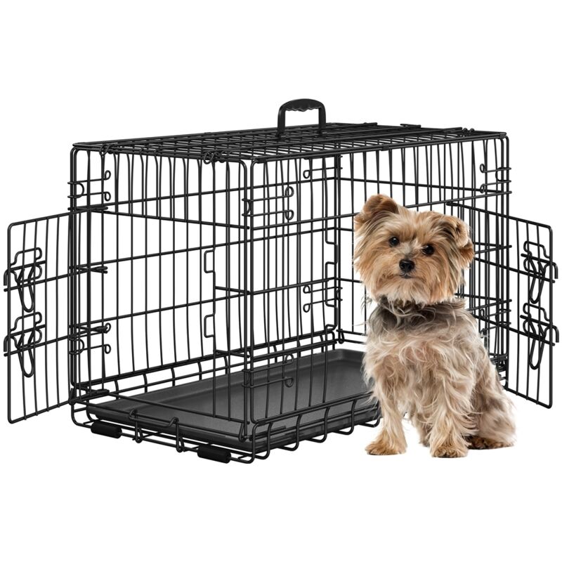 foto del prodotto gabbia per cani gatti kennel in metallo cuccioli pieghevole con vassoio rimovibile doppia porta e divisorio regolabile 76,5 44 50,5 cm nero