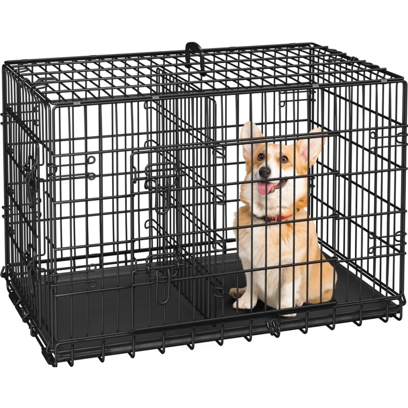 foto del prodotto gabbia per cani gatti kennel in metallo cuccioli pieghevole con vassoio rimovibile doppia porta e divisorio regolabile 92 56,5 63 cm nero