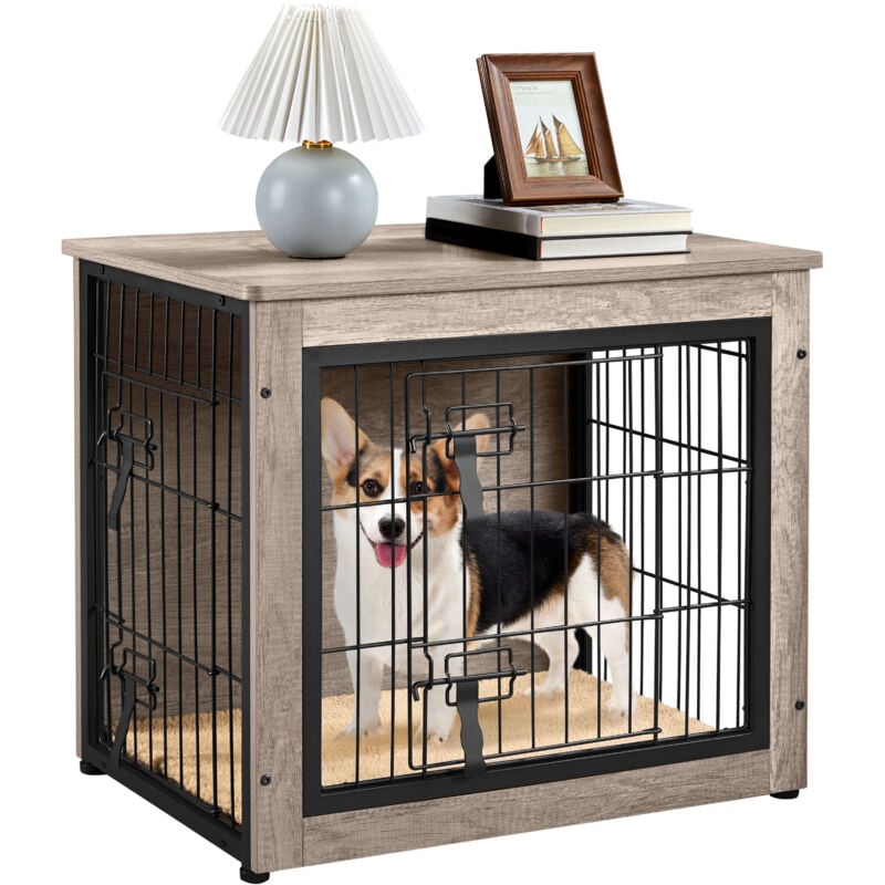 foto del prodotto gabbia per cani gatti tavolino armadietto con doppie porte a rete in legno da interno 69 51 61 cm grigio yaheetech