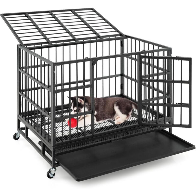 foto del prodotto gabbia per cani in metallo pieghevole, gabbia per cani anti masticazione con ruote, vassoio rimovibile e 2 porte, gabbia da interno ed esterno per