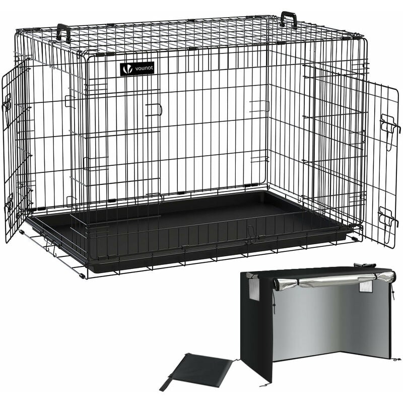 foto del prodotto gabbia per cani pieghevole in metallo con copertura, trasportino animali cane con 2 porte, vaschetta, 107x70x78cm vounot