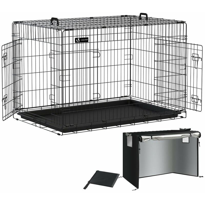 foto del prodotto gabbia per cani pieghevole in metallo con copertura, trasportino animali cane con 2 porte, vaschetta, 122x75x81cm vounot