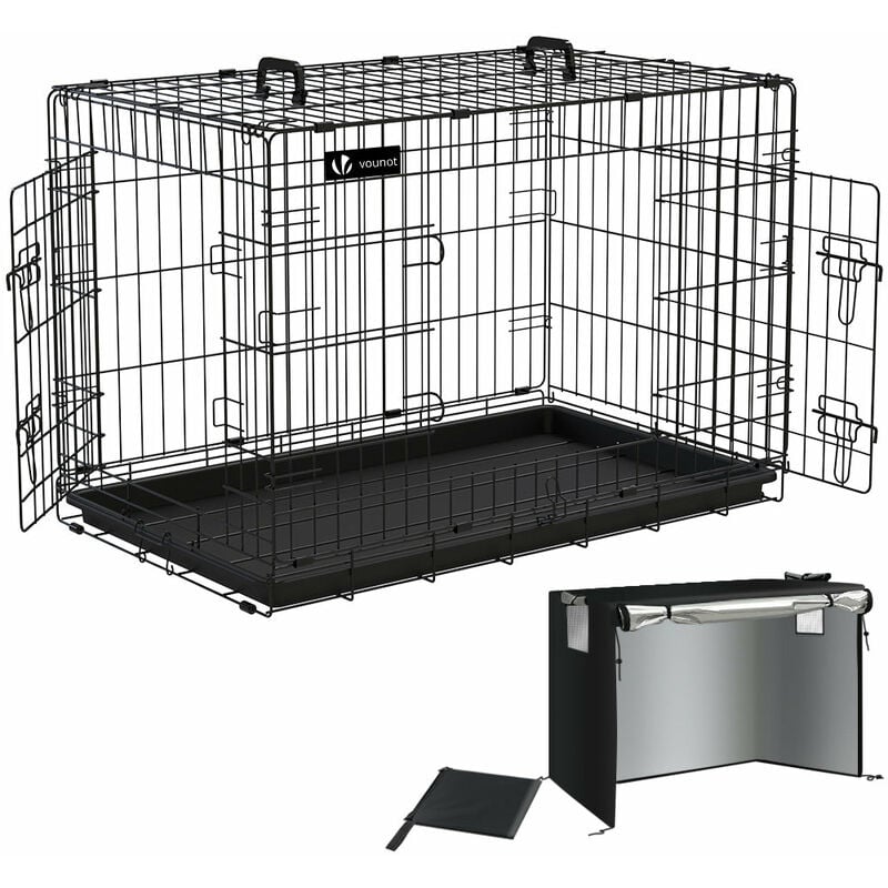 foto del prodotto gabbia per cani pieghevole in metallo con copertura, trasportino animali cane con 2 porte, vaschetta, 92x58x64cm vounot