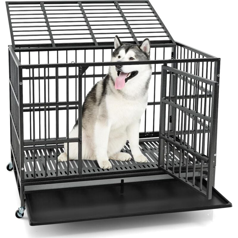 foto del prodotto gabbia per cani pieghevole in metallo pesante con ruote bloccabili, gabbia antimorso con doppie porte bloccabili e vassoio removibile, portatile per