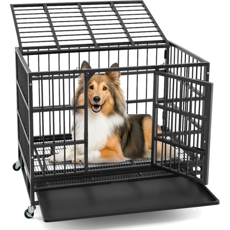 foto del prodotto gabbia per cani pieghevole in metallo pesante con ruote bloccabili, gabbia antimorso con doppie porte bloccabili e vassoio removibile, portatile per