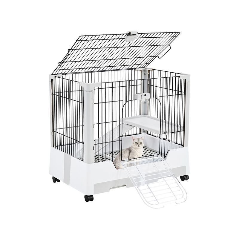 foto del prodotto gabbia per conigli a 2 livelli piccola animali domestici da interno esterno in metallo e plastica 67,5 x 75,5 x 50,5 cm girgio yaheetech