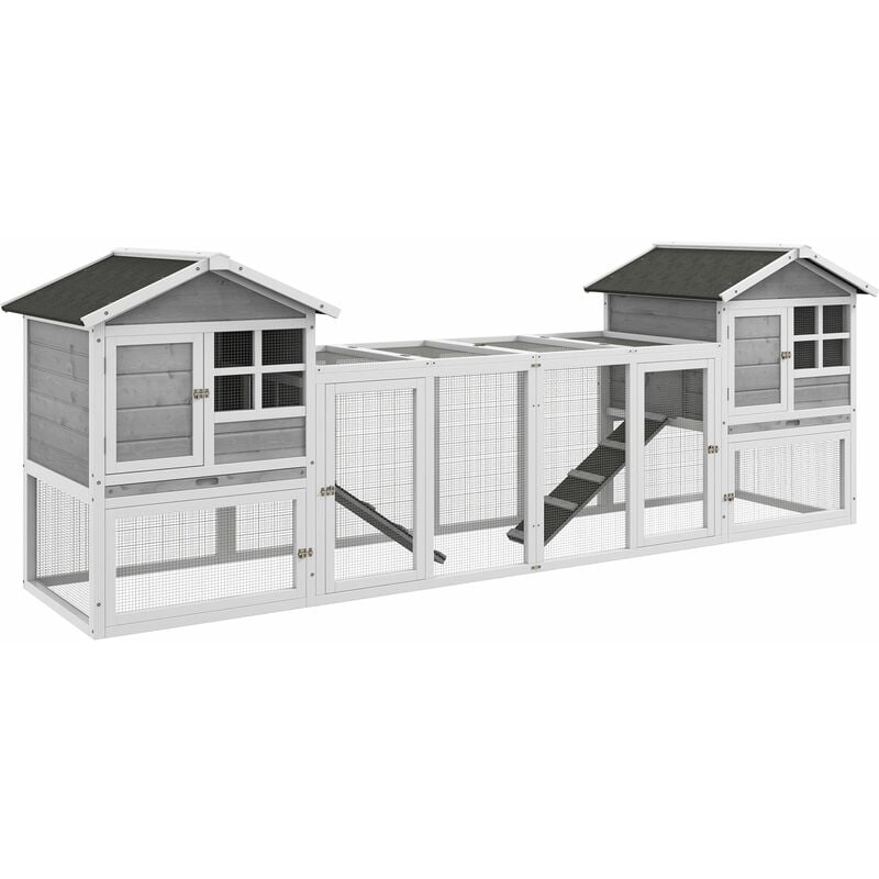 foto del prodotto gabbia per conigli conigliera 259x64x92 cm 2 casette con rampe recintata in legno grigia