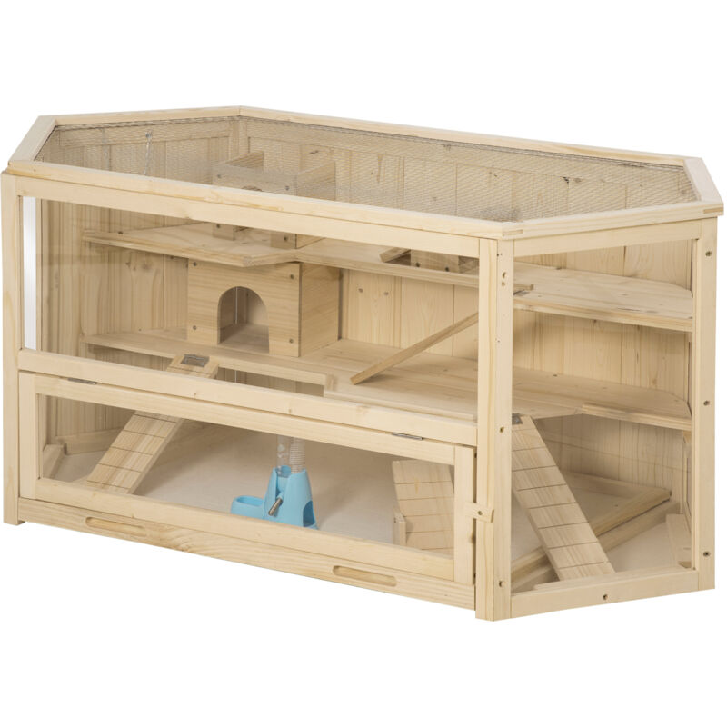 foto del prodotto gabbia per criceti 3 livelli in legno tetto apribile parete trasparente pawhut