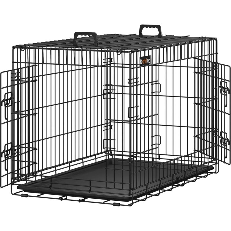 foto del prodotto gabbia per cuccioli cane in metallo, casse, 2 porte trasportino pieghevole nero 91 x 58 x 64cm da songmics nero feandrea
