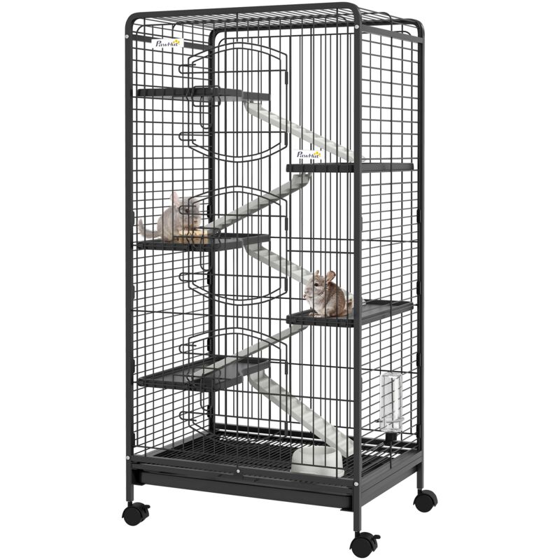 foto del prodotto gabbia per piccoli animali 61,5x44x131 cm con ruote rampe e accessori nero
