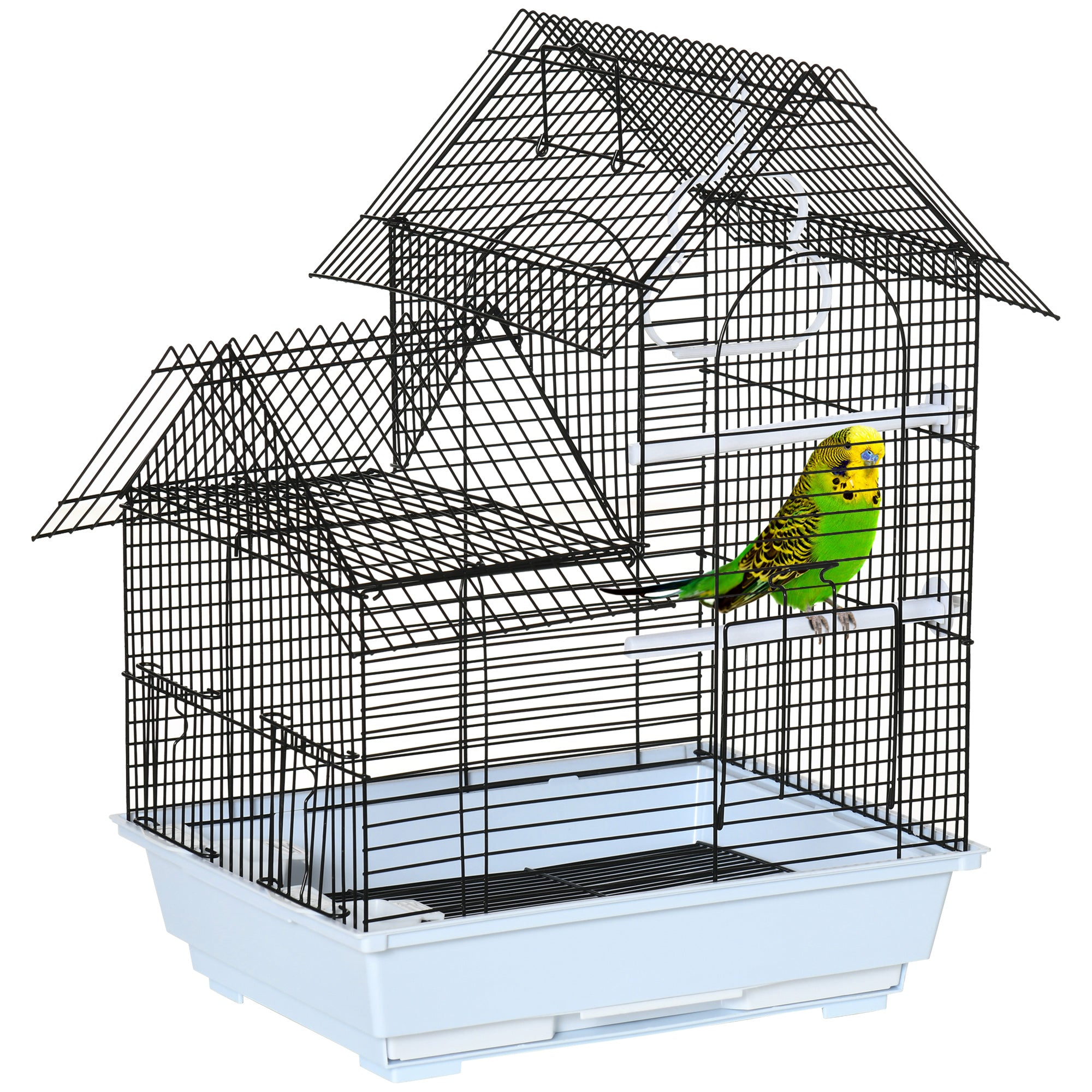 foto del prodotto gabbia per uccelli con maniglia 39x33x47 cm in metallo con vassoio estraibile pioli e altalena bianco