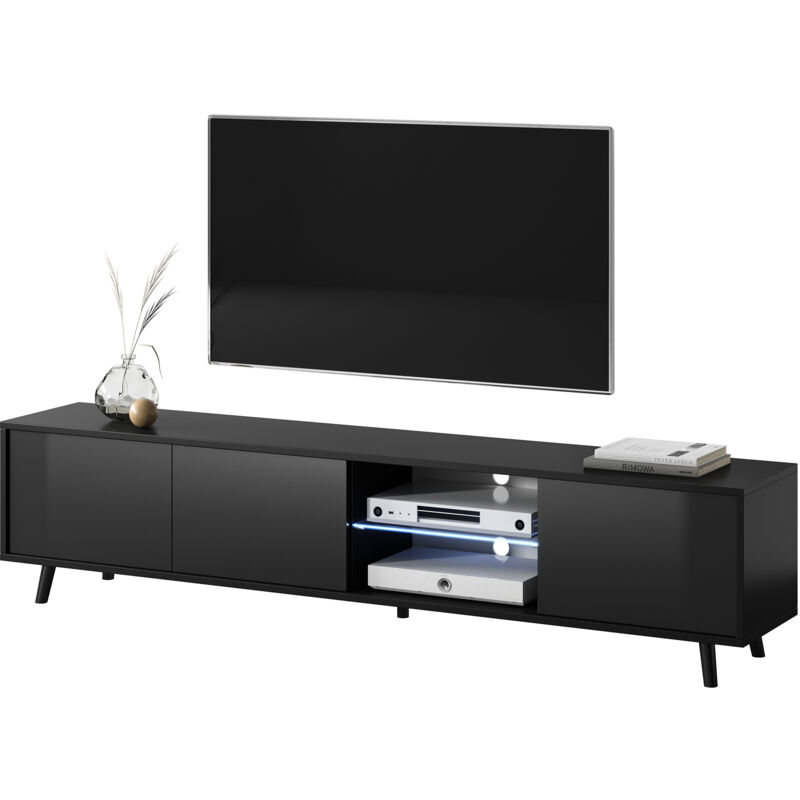 foto del prodotto galhad - mobile tv in stile scandinavo / tavolino tv minimalista / porta tv per salotto / luci led / 175 cm ( nero opaco / nero lucido) - selsey