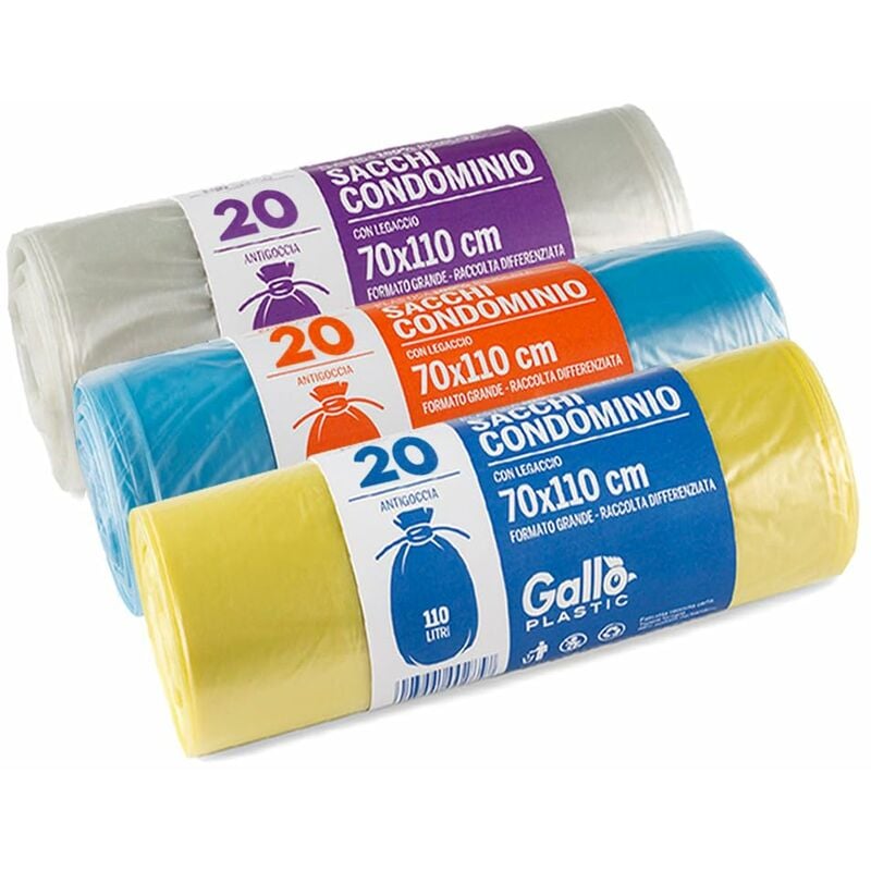 foto del prodotto gallo, sacchi per raccolta differenziata, 20 sacchetti per rotolo, kit da 3 rotoli, 70x110cm, 110 litri, blu, trasparente, giallo