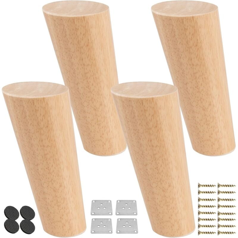 foto del prodotto gambe per mobili in legno da 25 cm, 4 gambe inclinate coniche per tavolo con piastra di montaggio e viti, gambe di ricambio in rovere per divano,
