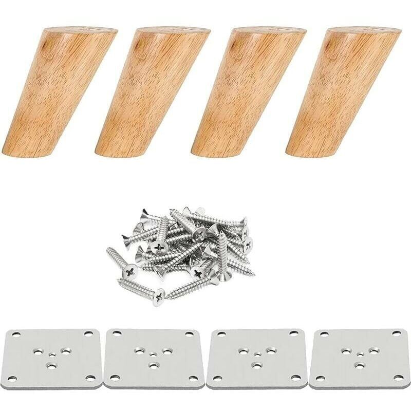 foto del prodotto gambe per tavolo in legno larghe 1 cm, set da 4, gambe per mobili in legno massello, oblique, coniche, gambe di ricambio per mobili con piastre di
