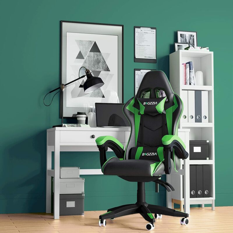 foto del prodotto game chair bigzza sedia da ufficio girevole regolabile del gioco da corsa con cuscino e schienale reclinabile, nero e verde