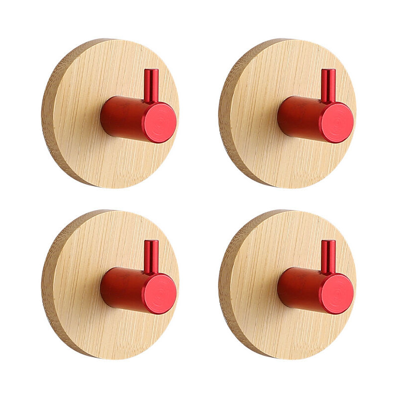 foto del prodotto ganci adesivi, ganci da parete, ganci autoadesivi, bagno, cucina, ufficio, porta, 4 pezzi bamb e acciaio inox, rotondi , tavola di legno, gancio