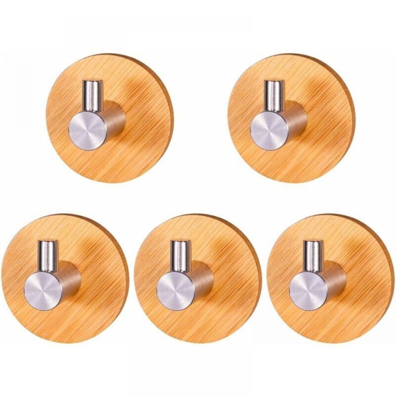 foto del prodotto ganci adesivi in legno, 5 pezzi ganci adesivi per porte, argento, porta asciugamani in bamb , ganci adesivi per porte di bagni, cucine e uffici