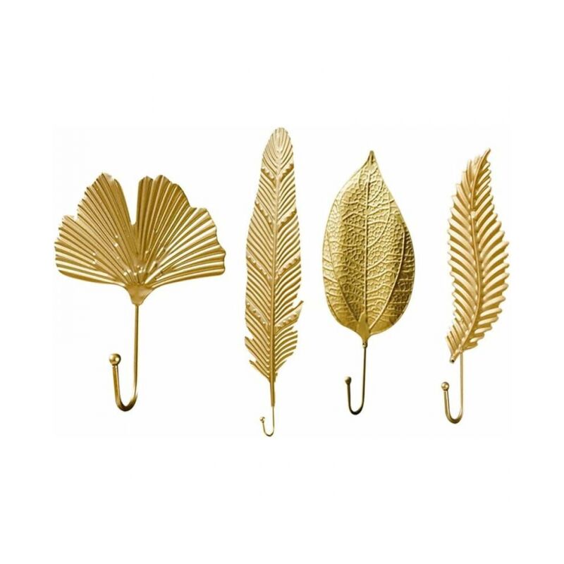 foto del prodotto ganci da parete vintage 4 pezzi, ganci appendiabiti vintage in metallo senza foratura ganci a foma di foglia oro ganci rustici per chiavi, ganci per