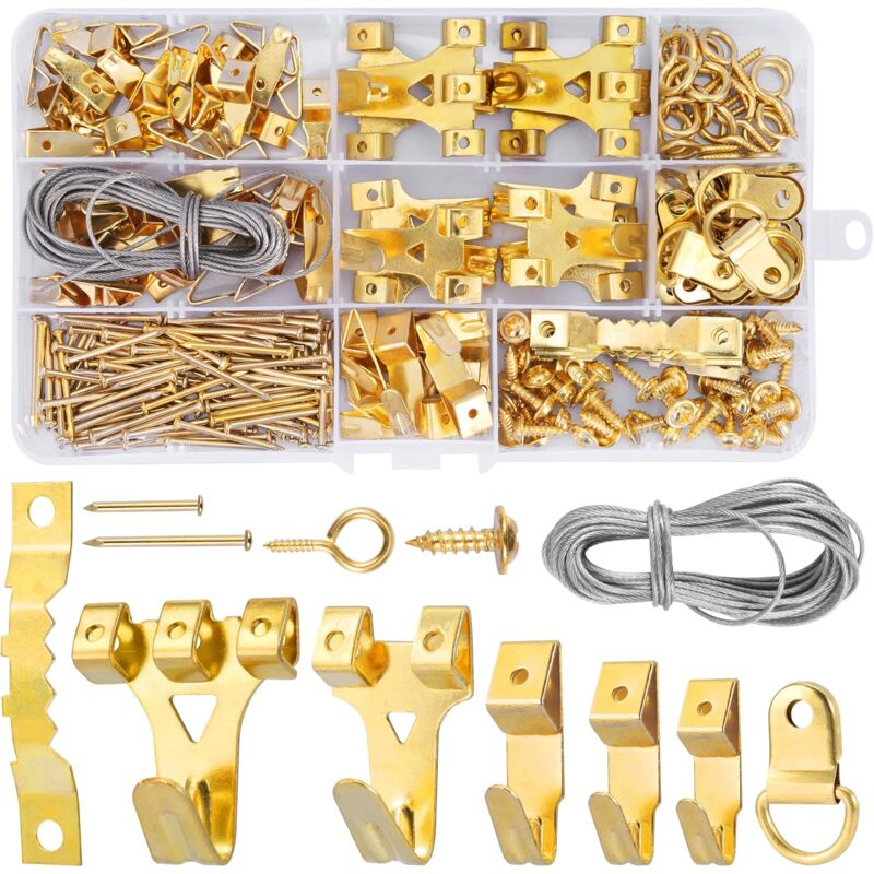 foto del prodotto ganci per cornici, kit da 250 pezzi per appendere quadri, con viti, chiodi, anello a d e occhiello, ganci a dente di sega, cavo in acciaio, ganci per