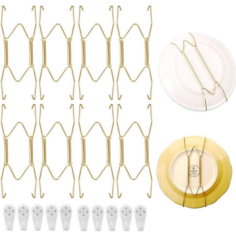 foto del prodotto ganci per piatti, ganci invisibili per piatti, ganci per piatti dorati da 8 pollici a forma di w con 10 ganci da parete per la decorazione della