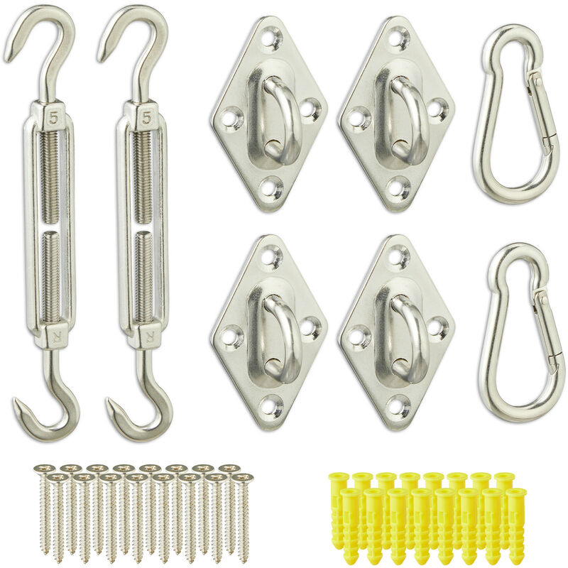 foto del prodotto ganci per telo ombreggiante, 40 accessori in acciaio inox, braccetti per tenda da sole, moschettoni, argentato relaxdays
