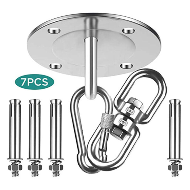 foto del prodotto gancio da soffitto in acciaio inox, 7 pezzi, rotazione a 360 con cuscinetti a sfera, fino a 500 kg, perfetto per appendere amache a travi di legno e