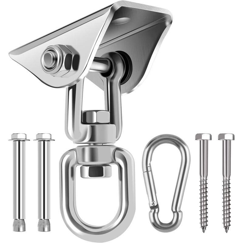 foto del prodotto gancio da soffitto per impieghi gravosi con viti di fissaggio in acciaio inox sus304 con rotazione a 360 per set in legno e cemento, amaca yoga,