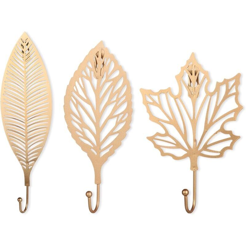foto del prodotto gancio decorativo, 3 ganci adesivi per cappotti, foglie, ganci decorativi da parete in ghisa,