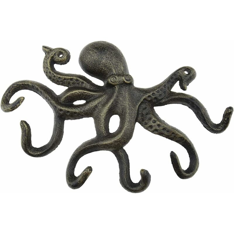 foto del prodotto gancio in ghisa a forma di polipo in bronzo da 10 pollici montato a parete rustico decorativo appendiabiti con 6 tentacoli per maglione, cappello,