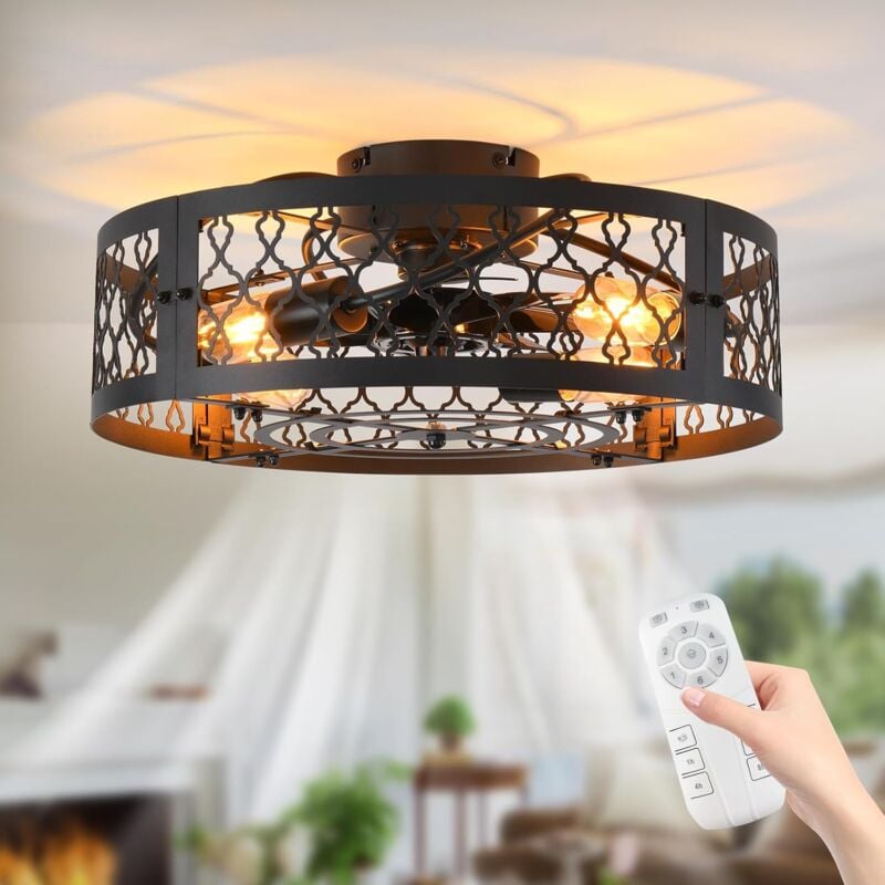 foto del prodotto ganeed plafoniera con ventilatore stile industriale ventilatore da soffitto fattoria 50cm illuminazione gabbia in metallo opaco e27 montaggio a