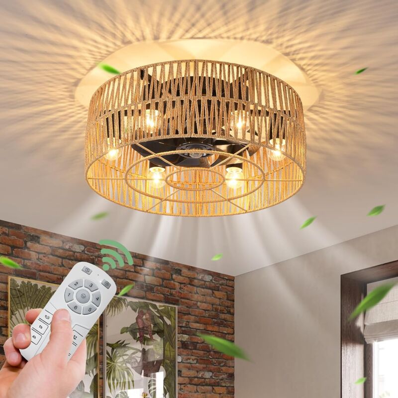 foto del prodotto ganeed ventilatori da soffitto con luci ventilatore da soffitto da fattoria in stile industriale 50cm boho rattan lampada a gabbia e27 montaggio a