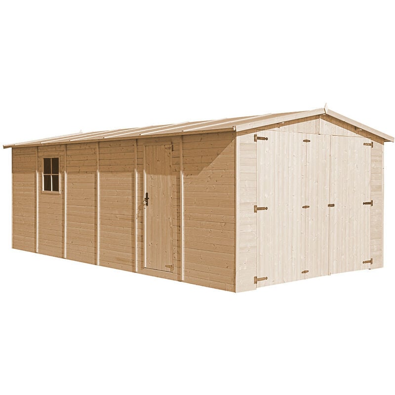 foto del prodotto garage in legno 18 m2 esterne a222x616x324 cm in pannelli in legno naturale capanno da giardino rimessa auto e attrezzi timbela m102
