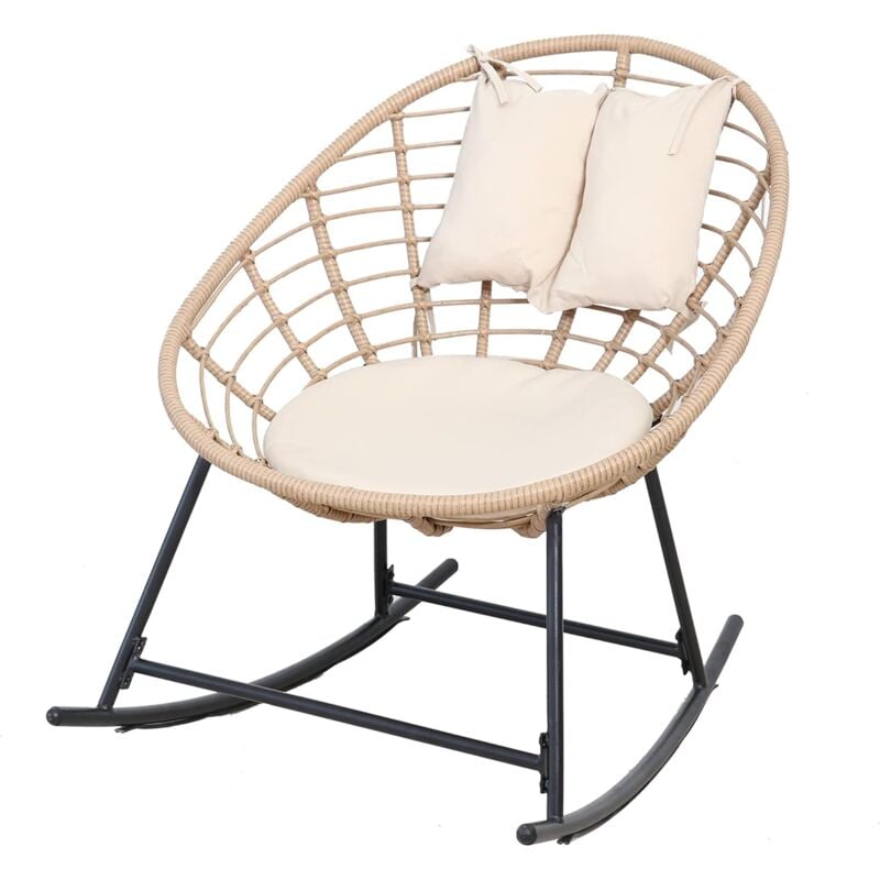 foto del prodotto garden friend poltrona a dondolo tahiti struttura in acciaio nero, seduta in polyrattan naturale, cuscino e poggiatesta beige