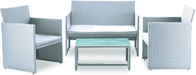 foto del prodotto garden friend salotto valencia 2 poltrone 1 divano 1 tavolo rivestimento in polyrattan bianco con cuscini grigi