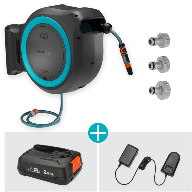 foto del prodotto gardena avvolgitubo da parete a batteria powerroll xl power for all set tubo da 35 m, riavvolgimento automatico, batteria e caricatore inclusi