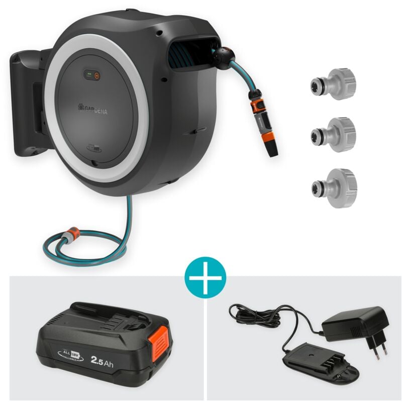 foto del prodotto gardena avvolgitubo da parete a batteria powerroll xl power for all set tubo da 35 m, riavvolgimento automatico, batteria e caricatore inclusi