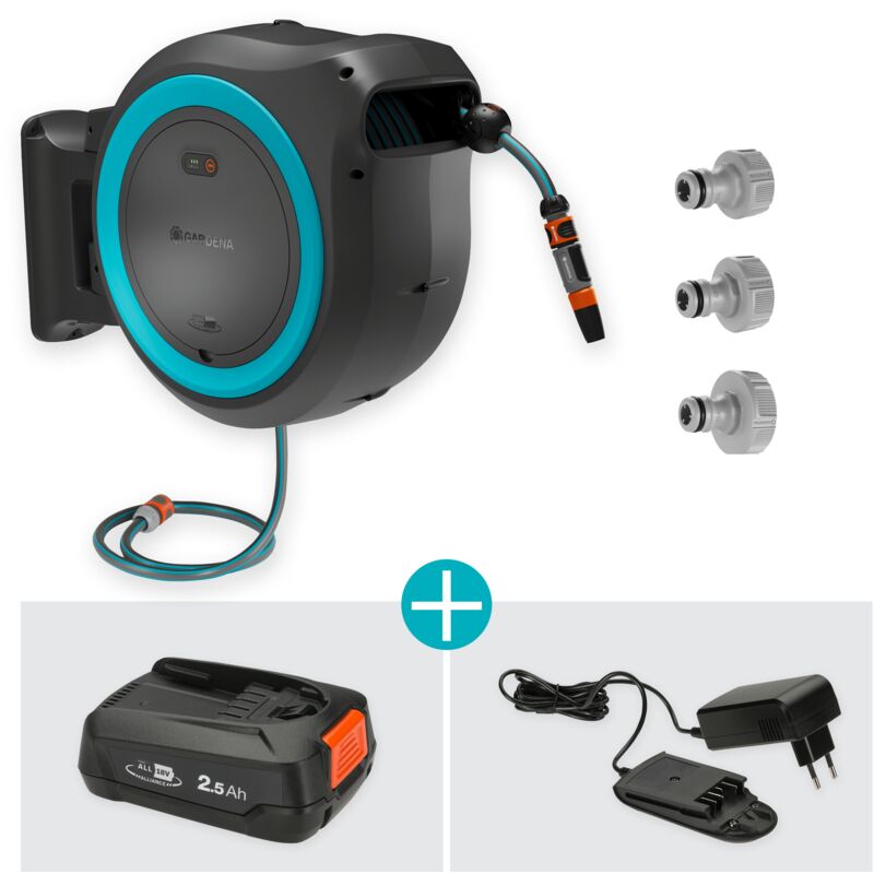 foto del prodotto gardena avvolgitubo da parete a batteria powerroll xxl power for all set tubo da 40 m, riavvolgimento automatico, batteria e caricatore inclusi
