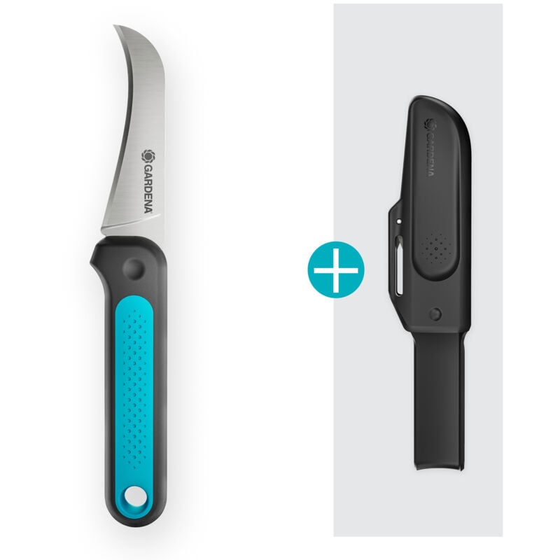 foto del prodotto gardena coltello da orto veggiecut per raccogliere, pulire e sbucciare verdure, manico antiscivolo, custodia da cintura con affilatore 12211 20 