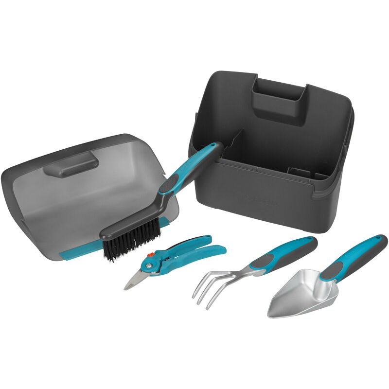 foto del prodotto gardena set attrezzi da giardinaggio include forbici da giardino, trapiantatore, dissodatore, scopina e contenitore 8970 20 