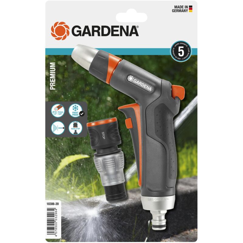 foto del prodotto gardena set pistola per irrigazione e raccordo premium, getto e portata regolabili, ideale per pulire e innaffiare 18306 20 