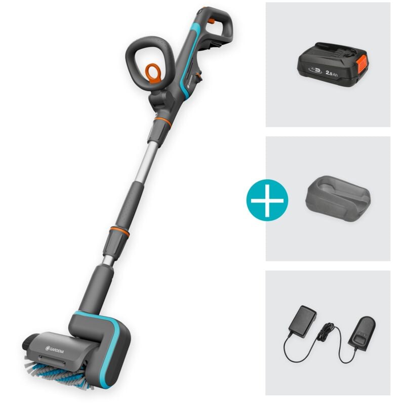 foto del prodotto gardena spazzola multifunzione a batteria aquabrush patio 18v power for all, per pulire pavimentazioni esterne, set con batteria e caricatore