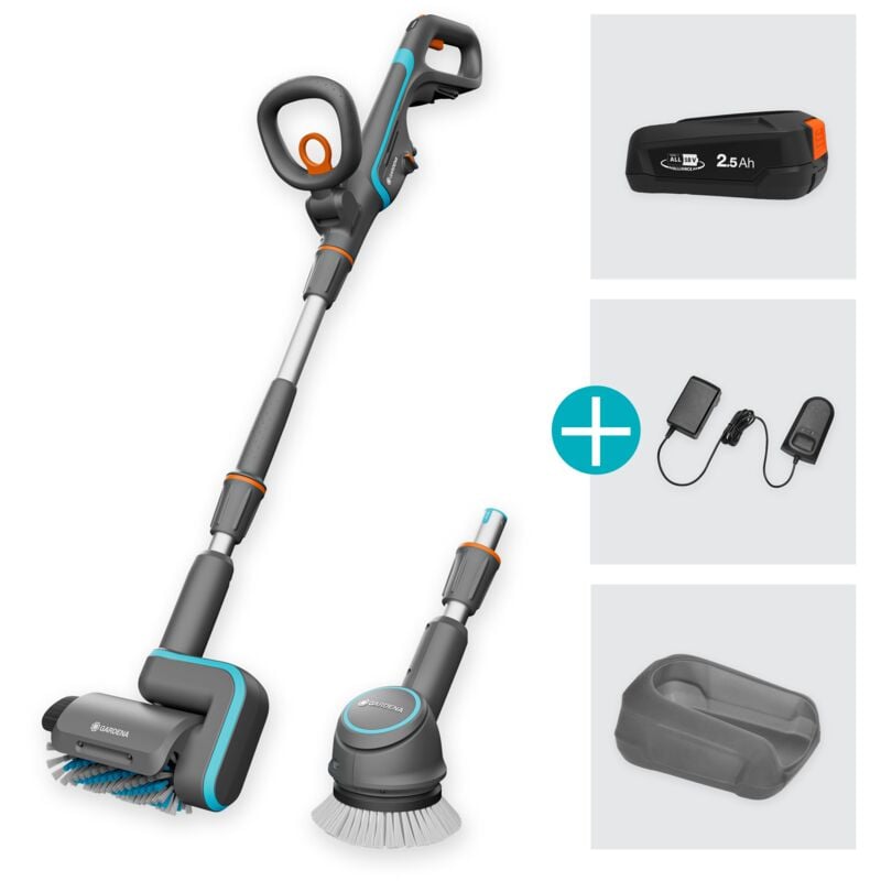 foto del prodotto gardena spazzola multiuso a batteria aquabrush universal 18v power for all, per pulire pavimenti e superfici esterni, set con batteria e caricatore